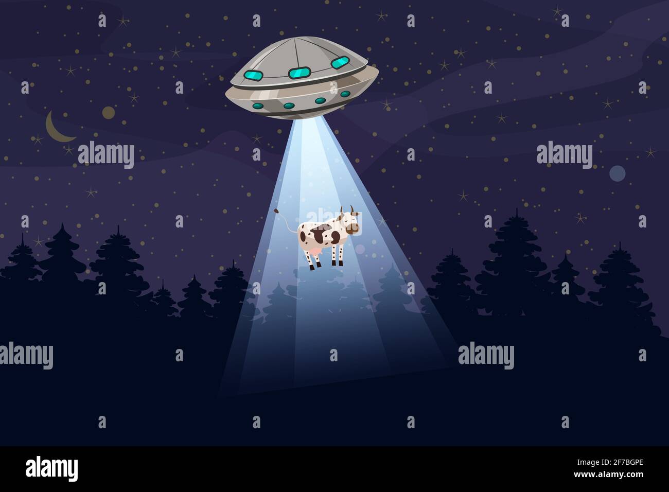 UFO rapire una mucca, estate notte paesaggio foresta, vettore sfondo con stelle e luna nel cielo. Stile cartone animato, isolato Illustrazione Vettoriale