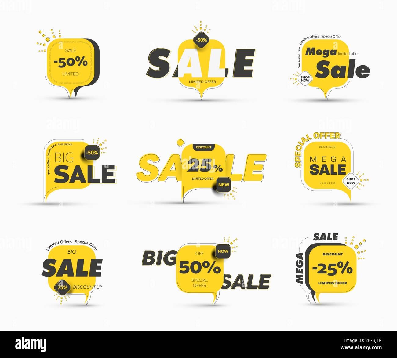 Design di banner vettoriale quadrato con angoli arrotondati sulla gamba per grandi vendite e sconti stagionali. Modelli di tag gialli con percentuali e sp Illustrazione Vettoriale