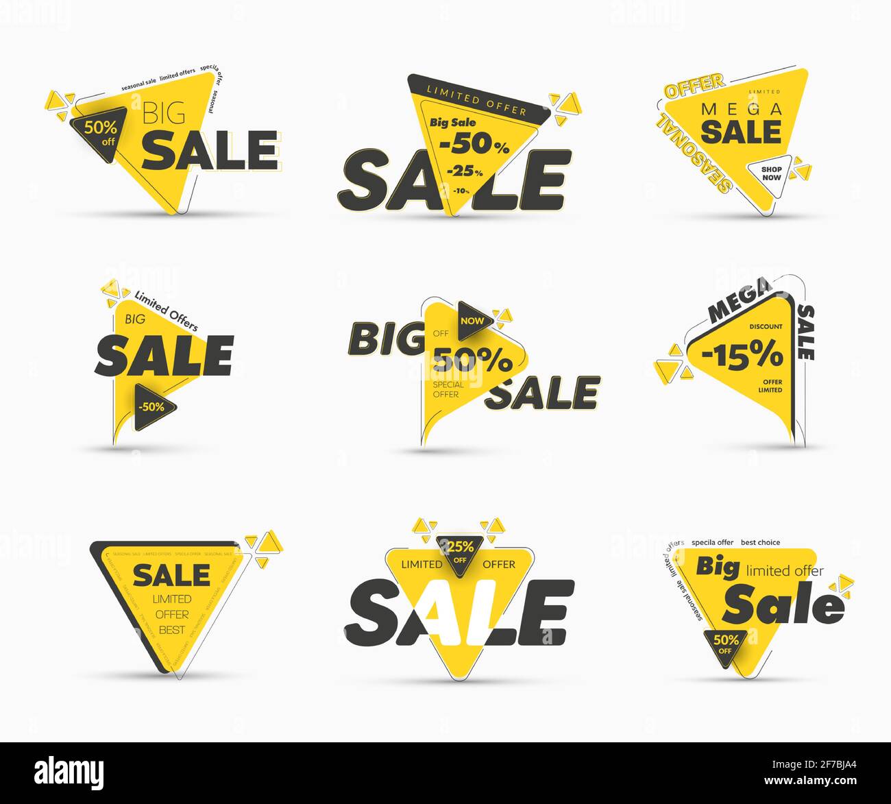 Modelli di etichette vettoriali triangolari nere e gialle con sconti percentuali per grandi vendite. Set di banner moderni per mega offerte speciali e stagionali. Illustrazione Vettoriale