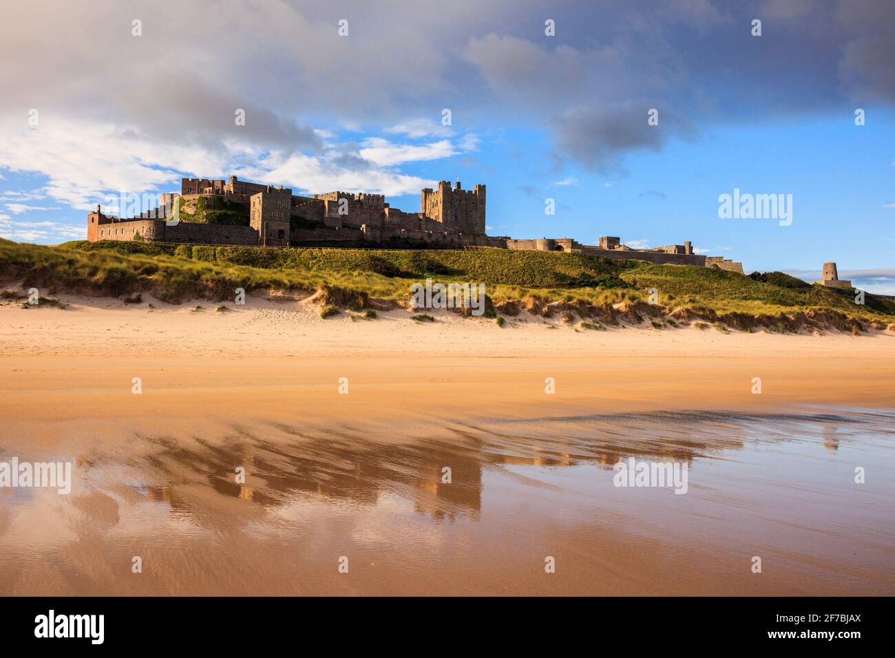 Il Castello di Bamburgh si riflette nella sabbia bagnata sulla spiaggia di sabbia vuota che si affaccia sulla costa nord-orientale. Bamburgh, Northumberland, Inghilterra, Regno Unito, Gran Bretagna Foto Stock