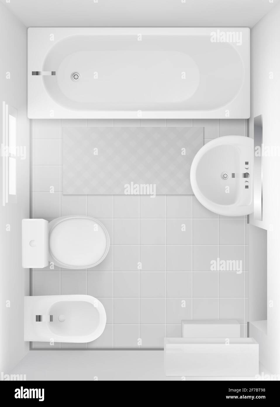 Bagno interno vista dall'alto, camera bianca con vasca da bagno, wc, bidet,  lavabo in ceramica con specchio e tappeto su pavimento piastrellato,  moderna visualizzazione WC, home wc, progetto di design vettoriale 3d