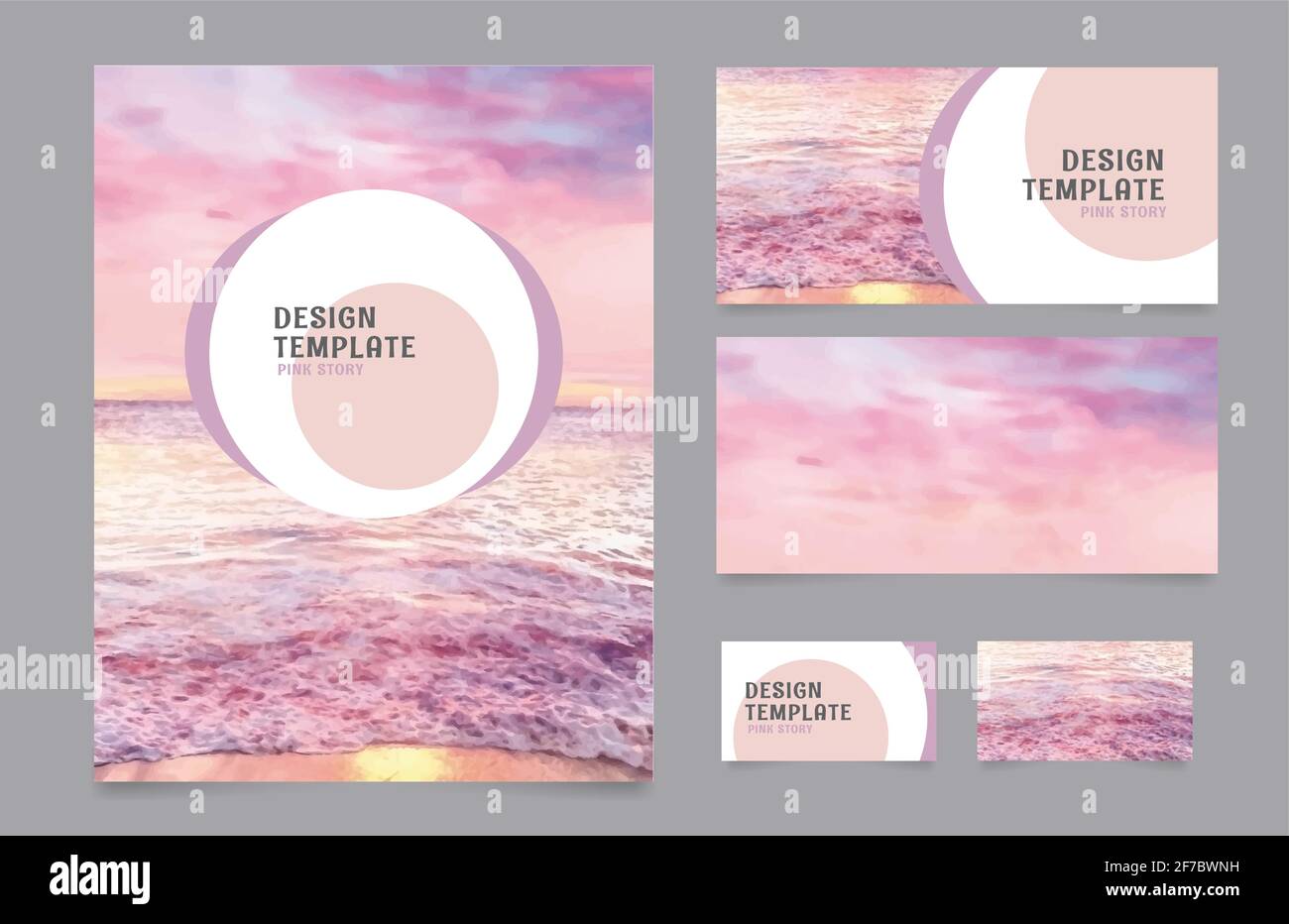 Presentazione identità aziendale design, mare all'alba, delicato sfondo rosa acquerello Illustrazione Vettoriale