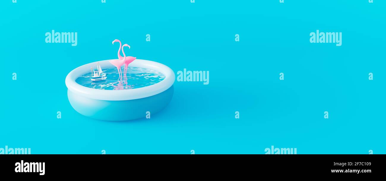 Fenicotteri rosa in piscina. Soggiorno a casa e mantenere il concetto di risparmio. Periodo di quarantena per destinazioni di viaggio e vacanze estive. rendering 3d Foto Stock