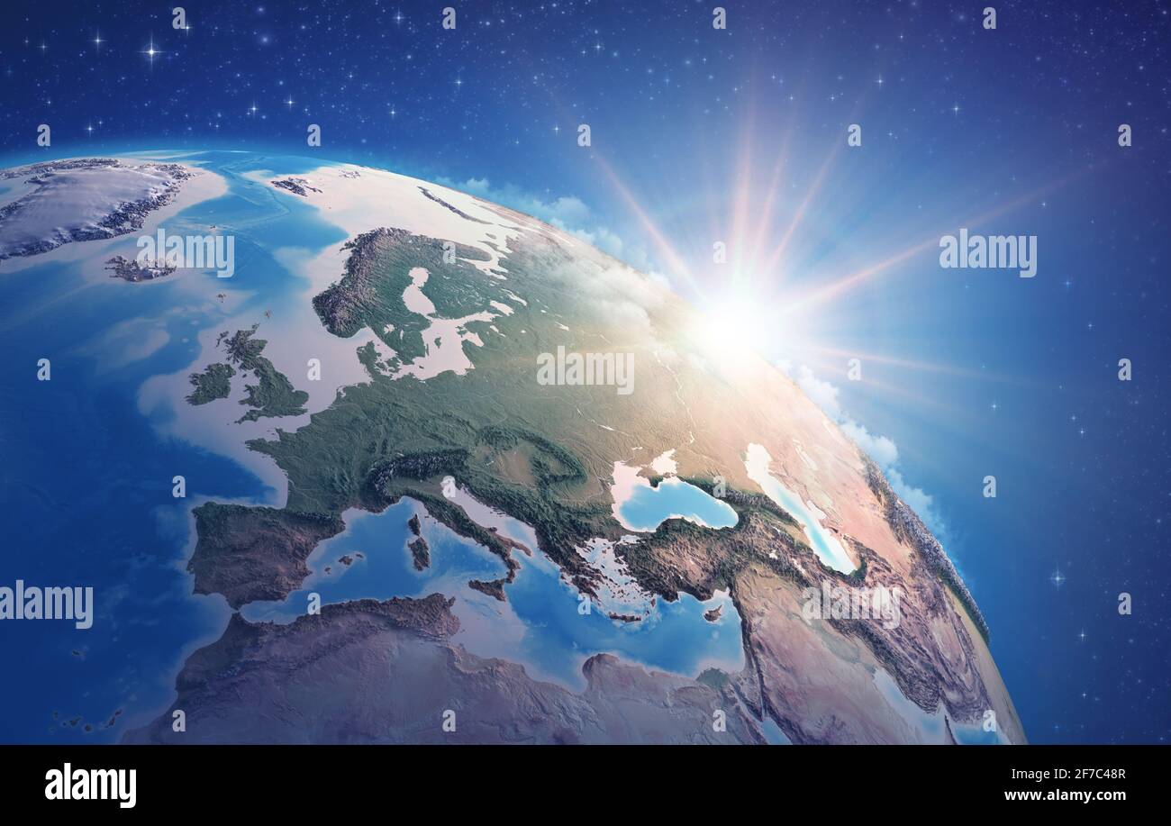 Alba attraverso le nuvole, su una vista satellitare ad alta dettaglio del pianeta Terra, focalizzata sull'Europa occidentale - elementi forniti dalla NASA Foto Stock