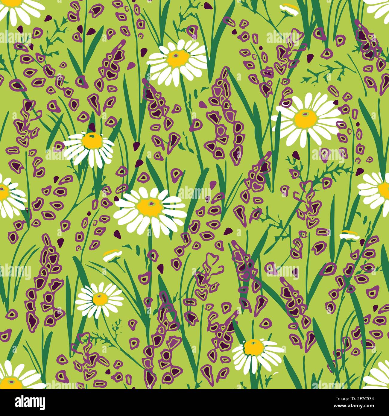 Motivo vettoriale senza cuciture con fiori su sfondo verde. Carta da parati floreale estiva con lavanda e daisy's. Bella moda prato lavanda. Illustrazione Vettoriale