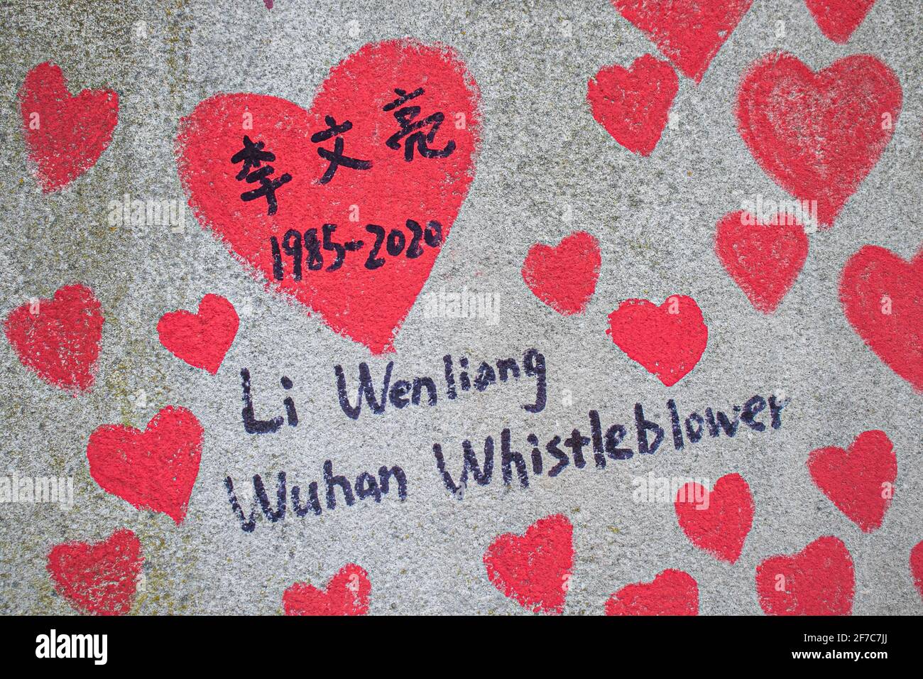 WESTMINSTER LONDON, REGNO UNITO 6 APRILE 2021. Un messaggio su un cuore dedicato allo scienziato cinese, li Wenliang il Wuhan Whistleblower che ha allertato circa la malattia di Covid. Il National Covid Memorial Wall, che si avvicina al completamento, è stato creato da Covid-19 famiglie pereaved per la giustizia con la pittura di singoli cuori rossi per ciascuna delle vite perse al virus durante la pandemia del coronavirus che si pensa di avere 145,000 morti nel Regno Unito. Il lavoro è stato iniziato da volontari NHS una settimana fa e si estende per mezzo miglio lungo il Thames Embankment. Credit amer Ghazzal/Alamy Live News. Foto Stock