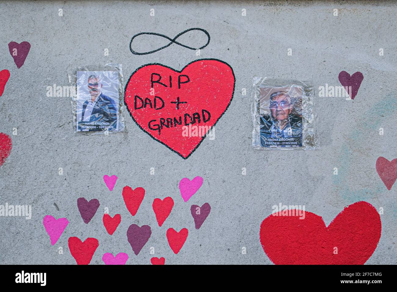 WESTMINSTER LONDON, REGNO UNITO 6 APRILE 2021. Le persone scrivono messaggi personali sulla mano dipinta cuori . Il National Covid Memorial Wall sta per essere completato, Ed è stato creato da un gruppo chiamato Covid-19 famiglie pereaved per la giustizia con la pittura di singoli cuori rossi che rappresentano ciascuna delle vite perse al virus durante la pandemia del coronavirus che si pensa abbia costato 145,000 morti nel Regno Unito. Il lavoro è stato iniziato da volontari NHS una settimana fa e si estende per mezzo miglio lungo il Thames Embankment. Credit amer Ghazzal/Alamy Live News. Foto Stock