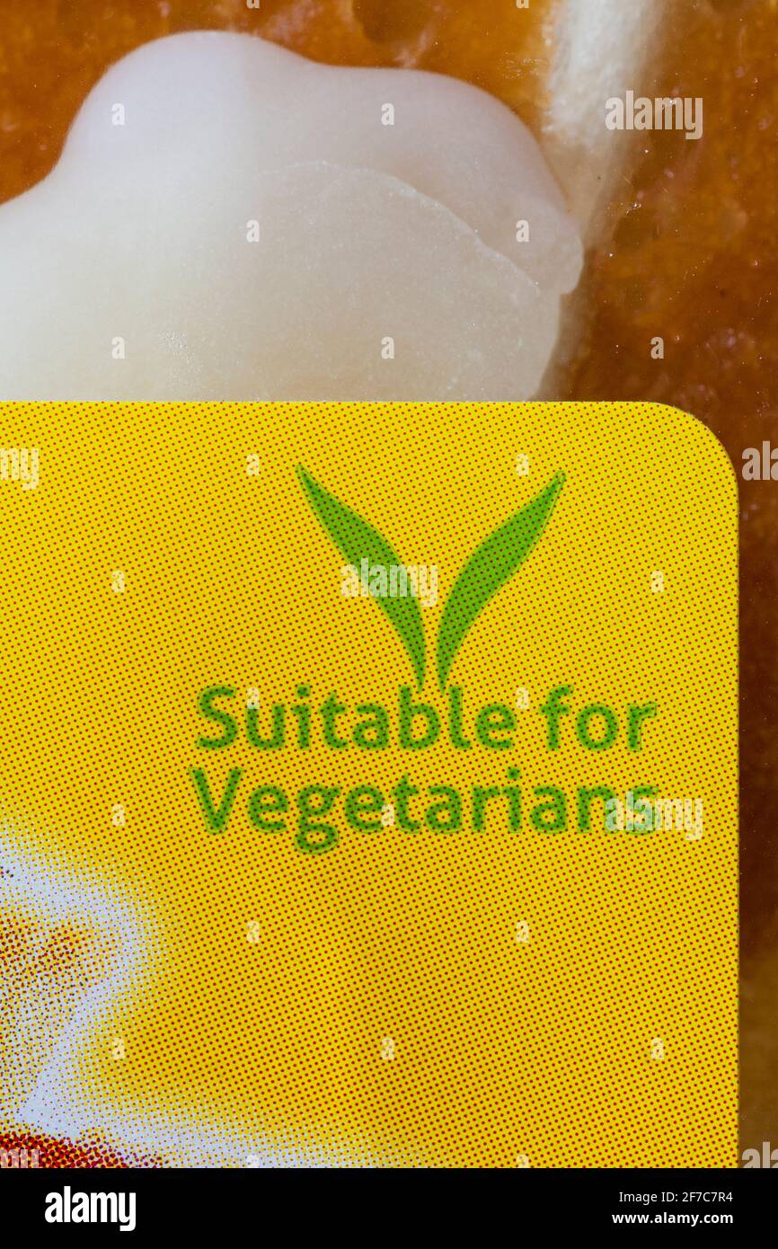 Adatto per vegetariani simbolo su confezione di mandorla di Frangipani belgi torte aromatizzate Foto Stock