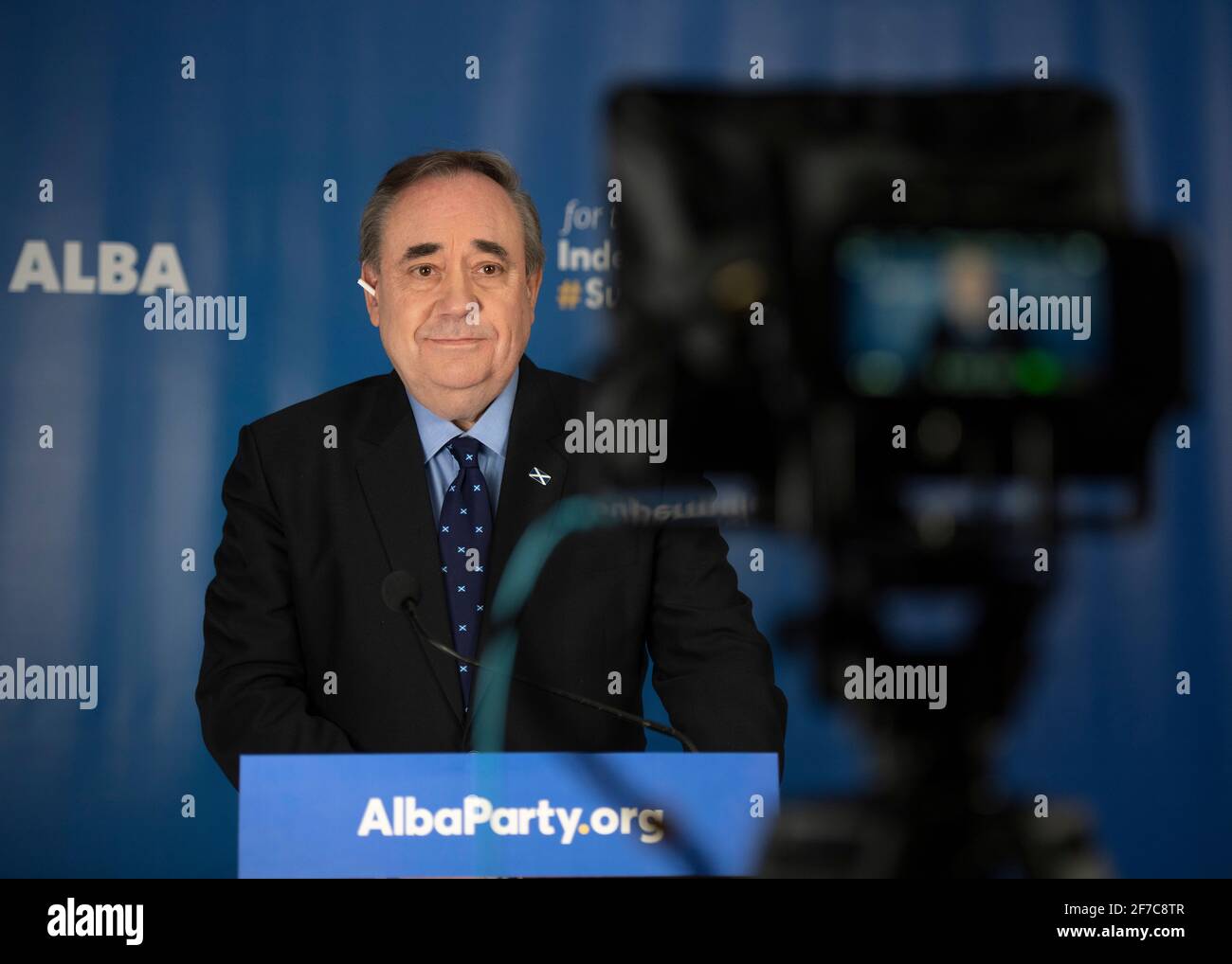 Aberdeenshire, Scozia, Regno Unito. 6 Apr 2021. NELLA FOTO: Alex Salmond, leader del Partito Alba ed ex primo Ministro della Scozia ed ex leader del Partito Nazionale Scozzese (SNP). Alex Salmond è il candidato per la Scozia nord-orientale per il partito Alba. Credit: Colin Fisher/Alamy Live News Foto Stock