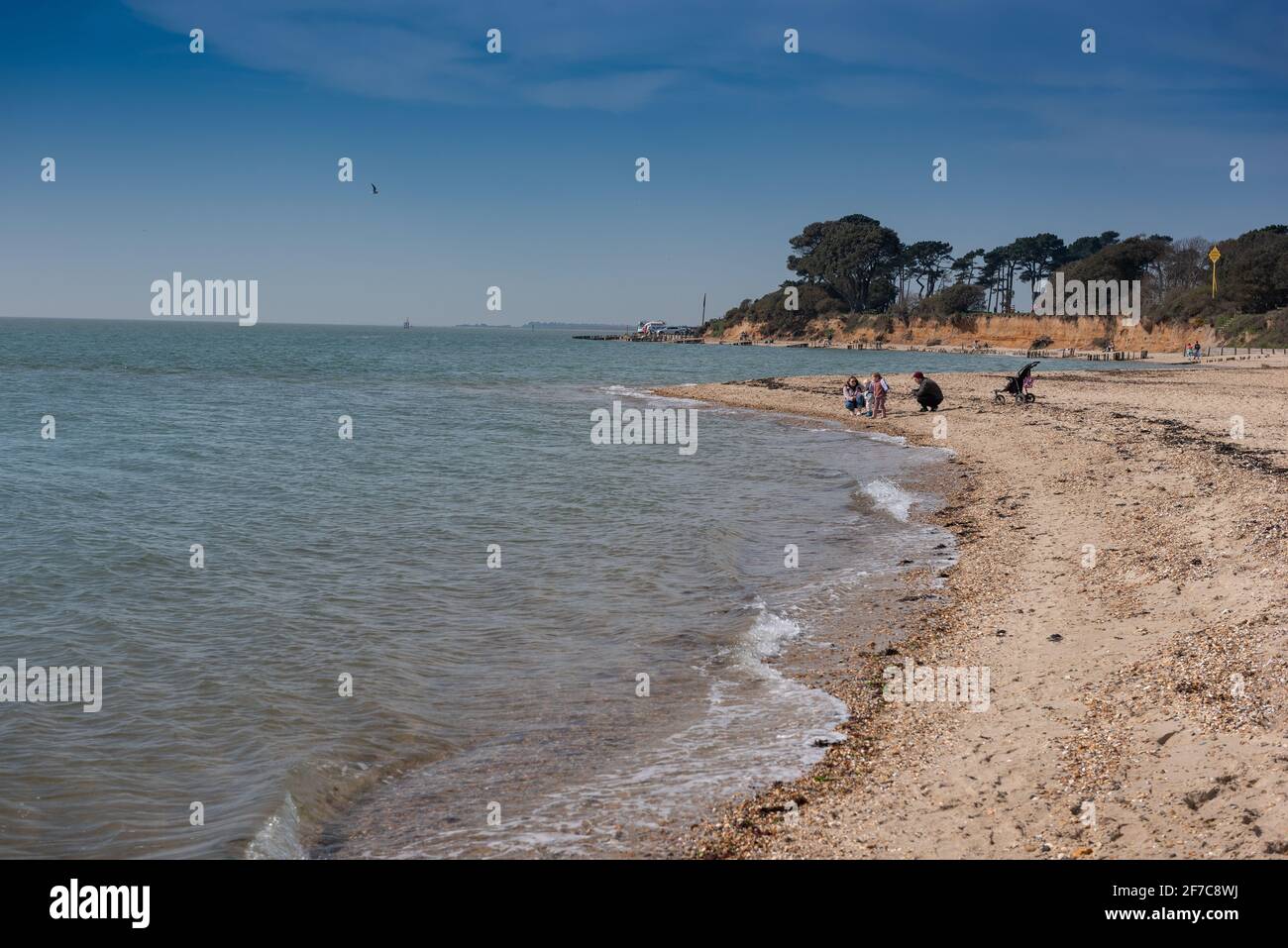 Lepe Country Park spiaggia con le famiglie che si godono di distanza sociale Foto Stock