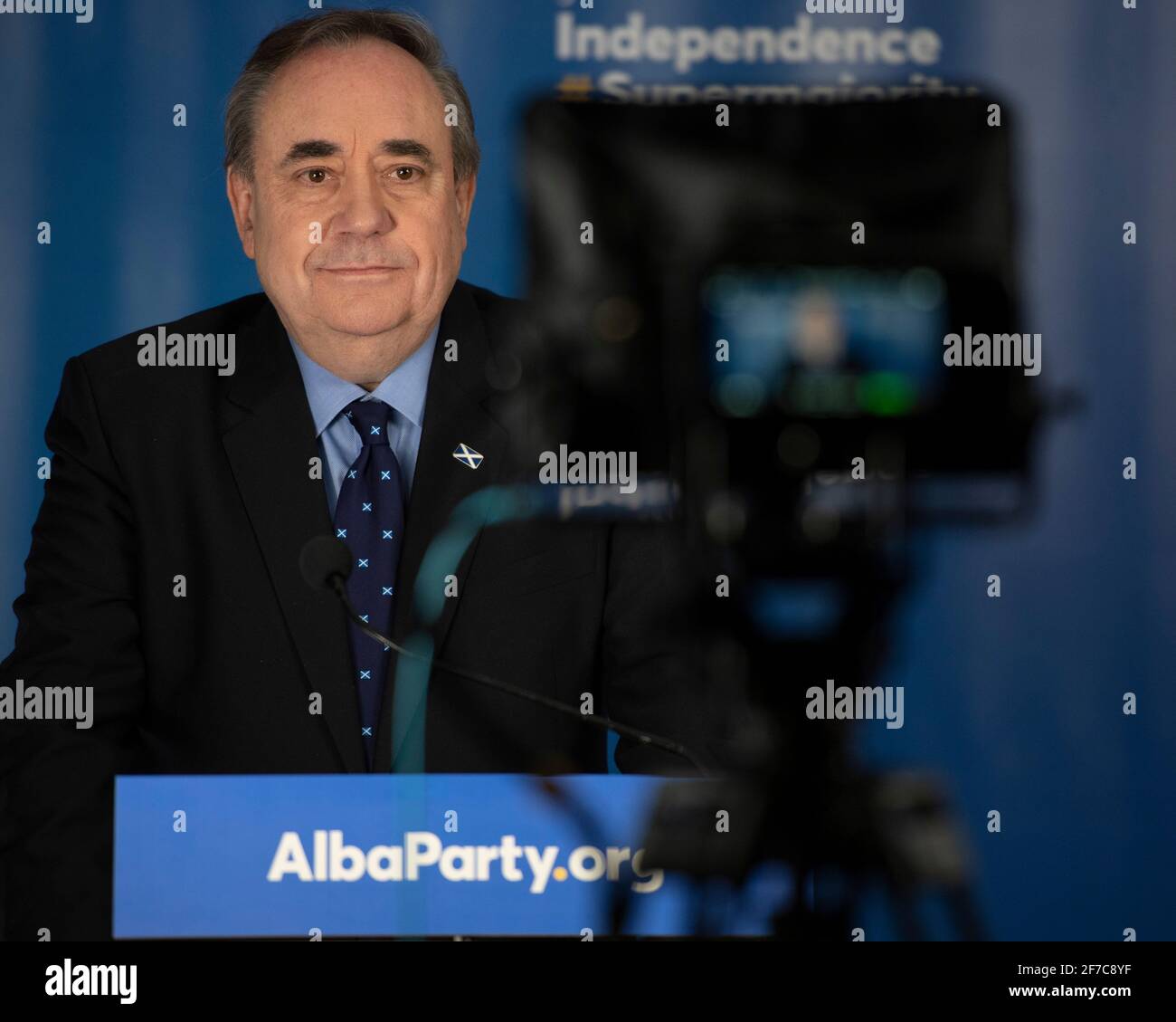 Aberdeenshire, Scozia, Regno Unito. 6 Apr 2021. NELLA FOTO: Alex Salmond, leader del Partito Alba ed ex primo Ministro della Scozia ed ex leader del Partito Nazionale Scozzese (SNP). Alex Salmond è il candidato per la Scozia nord-orientale per il partito Alba. Credit: Colin Fisher/Alamy Live News Foto Stock