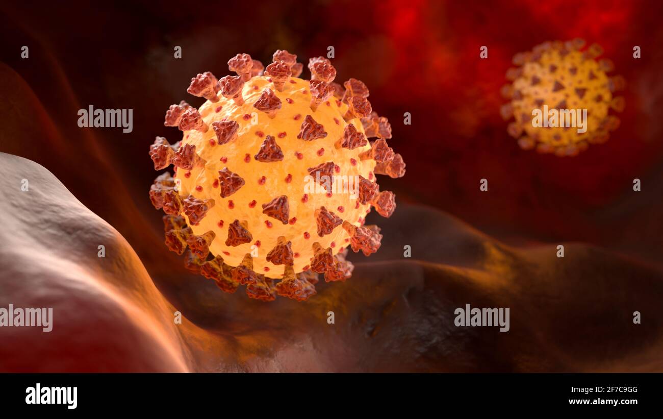 Illustrazione di Coronavirus è un patogeno che attacca le vie respiratorie. Illustrazione 3D Foto Stock