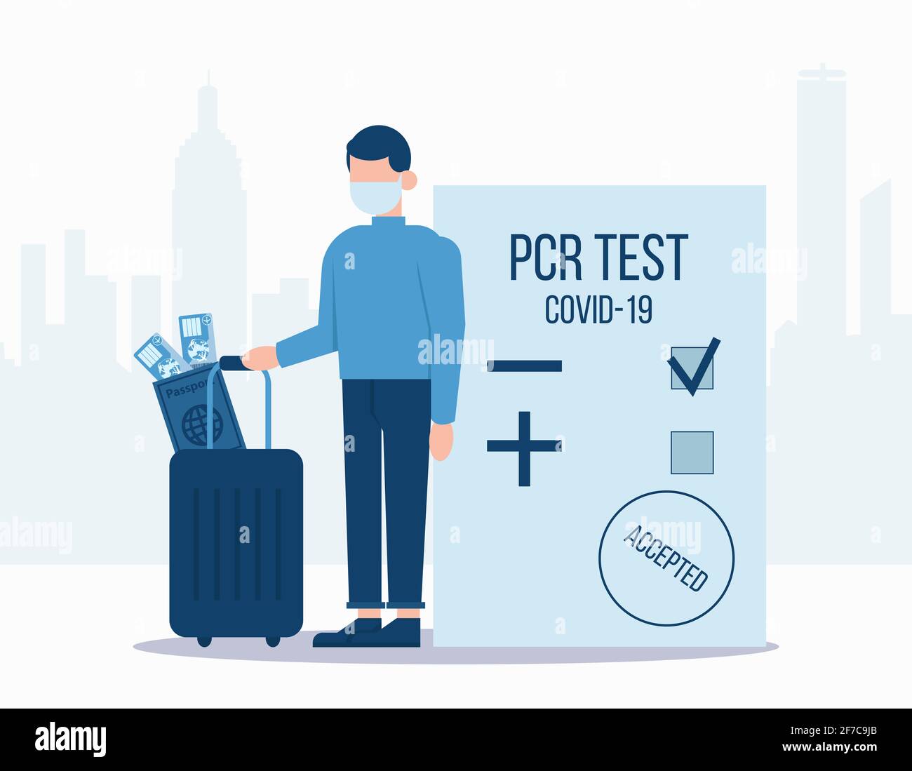 Vettore di un viaggiatore con test PCR negativo per coronavirus, passaporto con biglietti d'imbarco Foto Stock