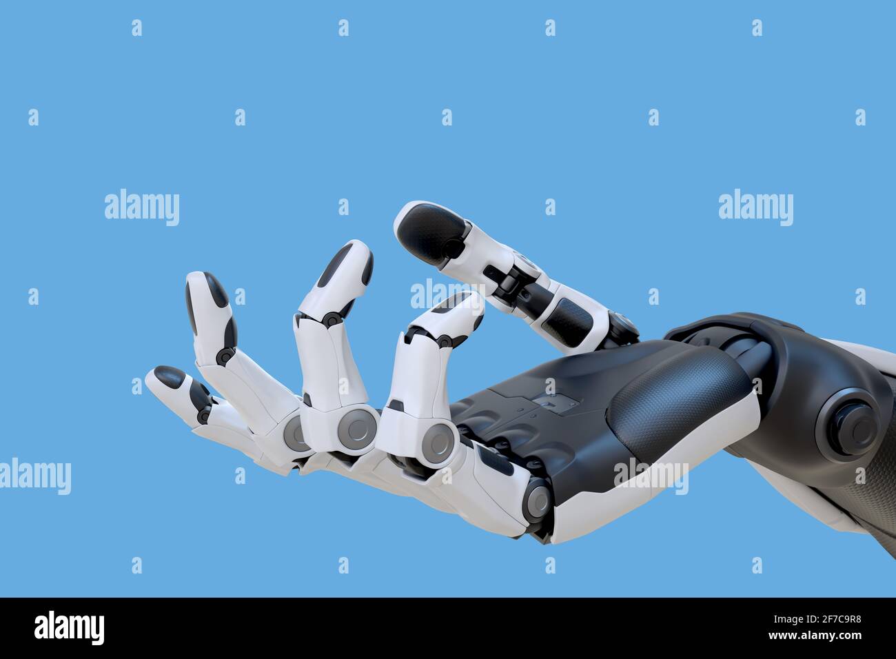 Robot android mano isolato su sfondo blu. Illustrazione 3D Foto Stock