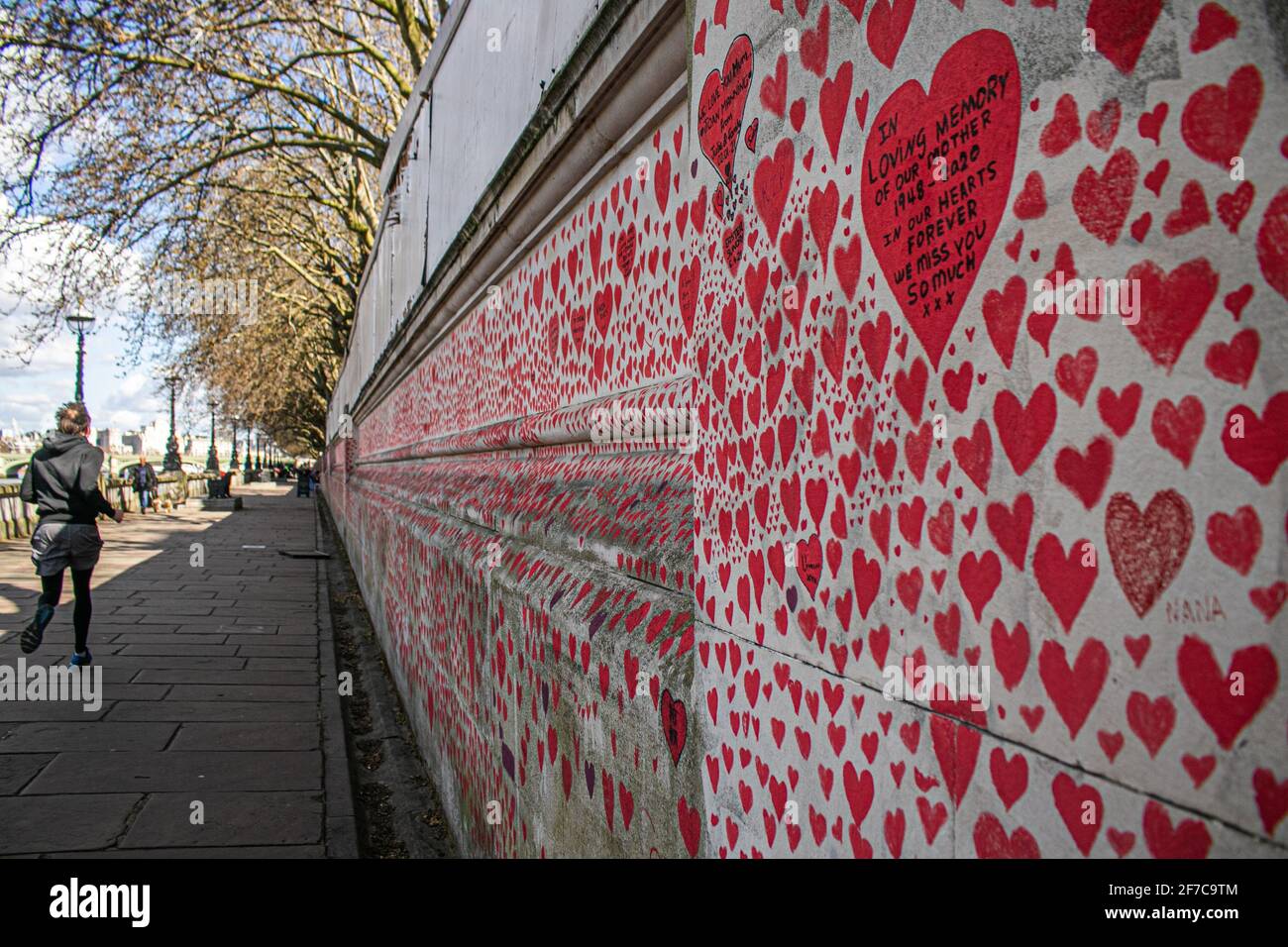 WESTMINSTER LONDON, REGNO UNITO 6 APRILE 2021. Le persone scrivono messaggi personali sulla mano dipinta cuori . Il National Covid Memorial Wall sta per essere completato, Ed è stato creato da un gruppo chiamato Covid-19 famiglie pereaved per la giustizia con la pittura di singoli cuori rossi che rappresentano ciascuna delle vite perse al virus durante la pandemia del coronavirus che si pensa abbia costato 145,000 morti nel Regno Unito. Il lavoro è stato iniziato da volontari NHS una settimana fa e si estende per mezzo miglio lungo il Thames Embankment. Credit amer Ghazzal/Alamy Live News. Foto Stock