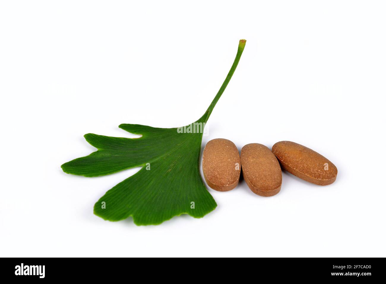 Foglia di Ginkgo Biloba con pillole isolate su sfondo bianco. Foto Stock