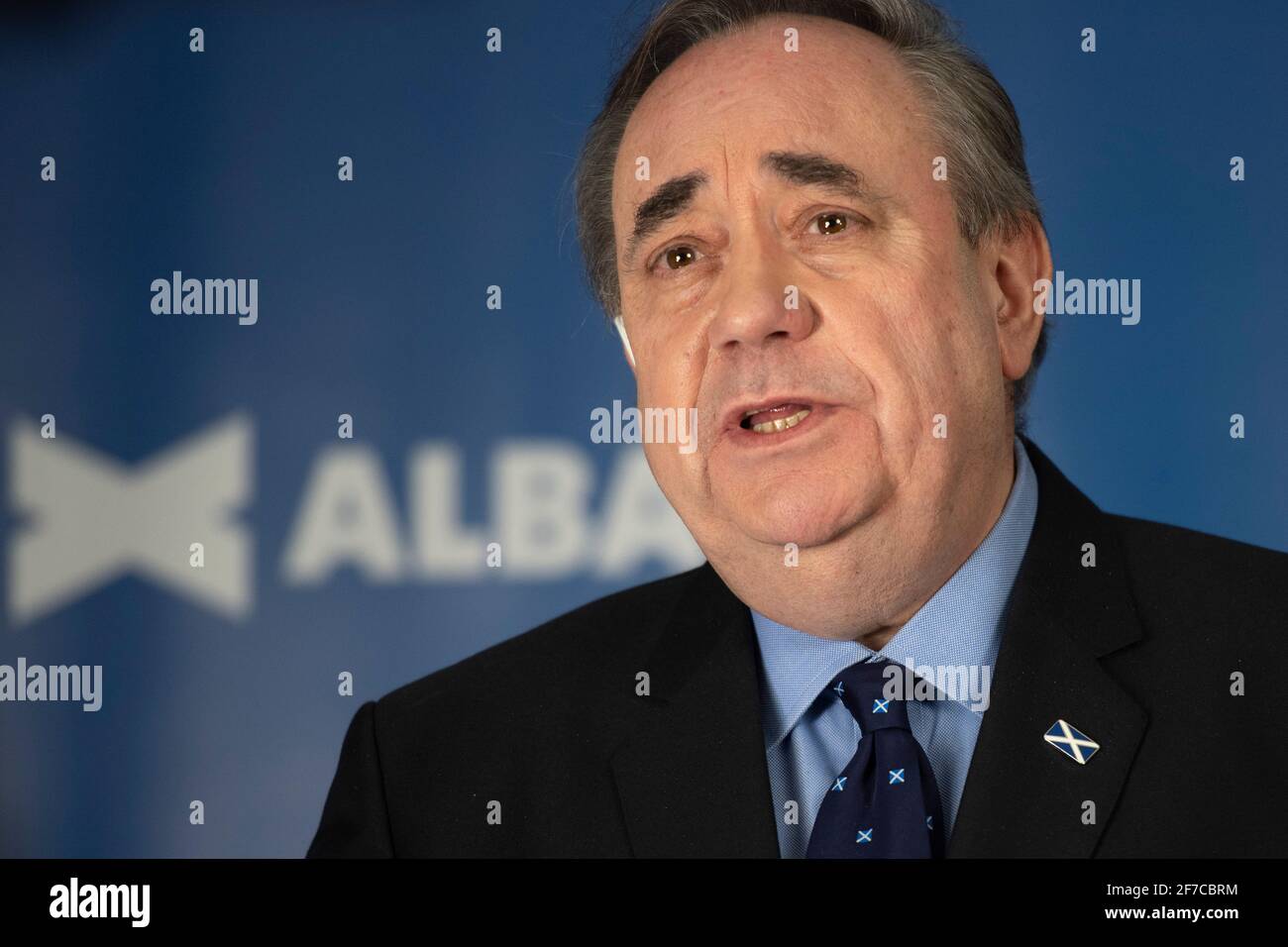 Aberdeenshire, Scozia, Regno Unito. 6 Apr 2021. NELLA FOTO: IL leader del partito ALBA e l'ex primo ministro Alex Salmond lanciano giovedì 6 maggio la campagna nazionale DI ALBA per le elezioni del Parlamento scozzese. Salmond presenterà la "strada dell'indipendenza" nell'anniversario della dichiarazione di Arbroath del 1320 e annuncerà una nuova "dichiarazione per la Scozia". Credit: Colin Fisher/Alamy Live News Foto Stock