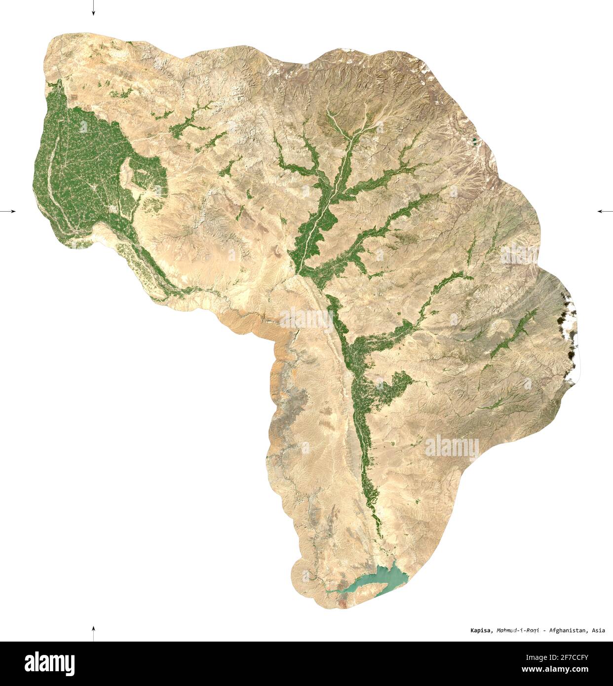 Kapisa, provincia dell'Afghanistan. Immagini satellitari Sentinel-2. Forma isolata su bianco. Descrizione, ubicazione della capitale. Contiene Copern modificato Foto Stock