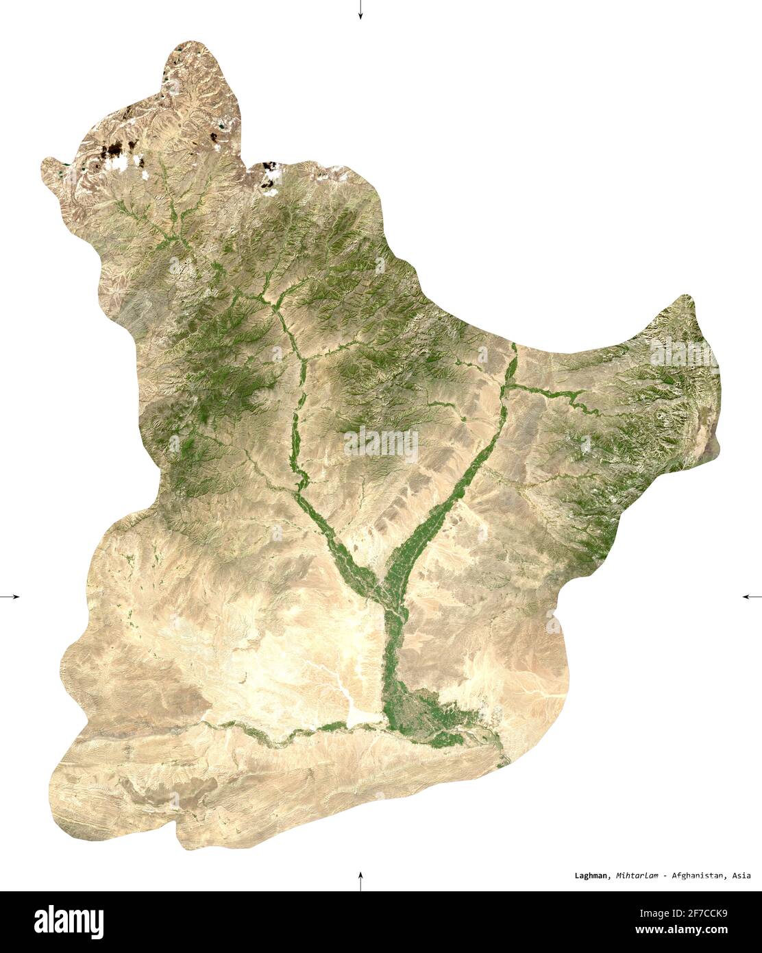 Laghman, provincia dell'Afghanistan. Immagini satellitari Sentinel-2. Forma isolata su bianco. Descrizione, ubicazione della capitale. Contiene la copiatrice modificata Foto Stock