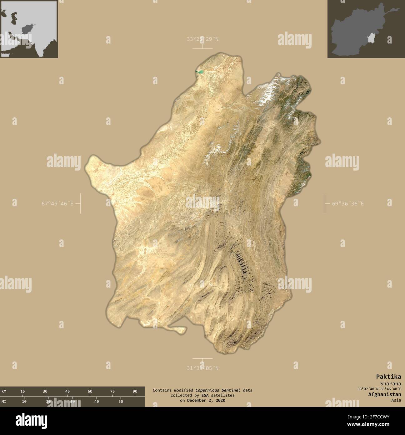 Paktika, provincia dell'Afghanistan. Immagini satellitari Sentinel-2. Forma isolata su fondo solido con sovrapposizioni informative. Contiene Copern modificato Foto Stock