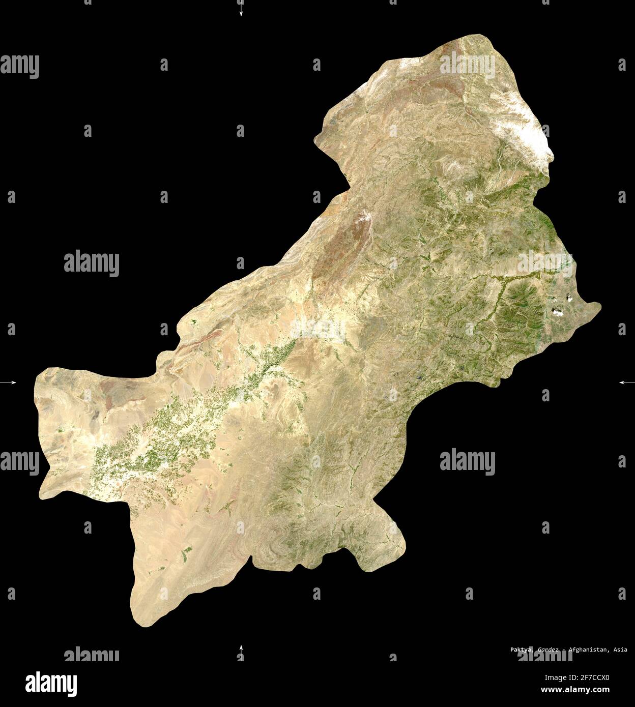 Paktya, provincia dell'Afghanistan. Immagini satellitari Sentinel-2. Forma isolata su nero. Descrizione, ubicazione della capitale. Contiene Copern modificato Foto Stock