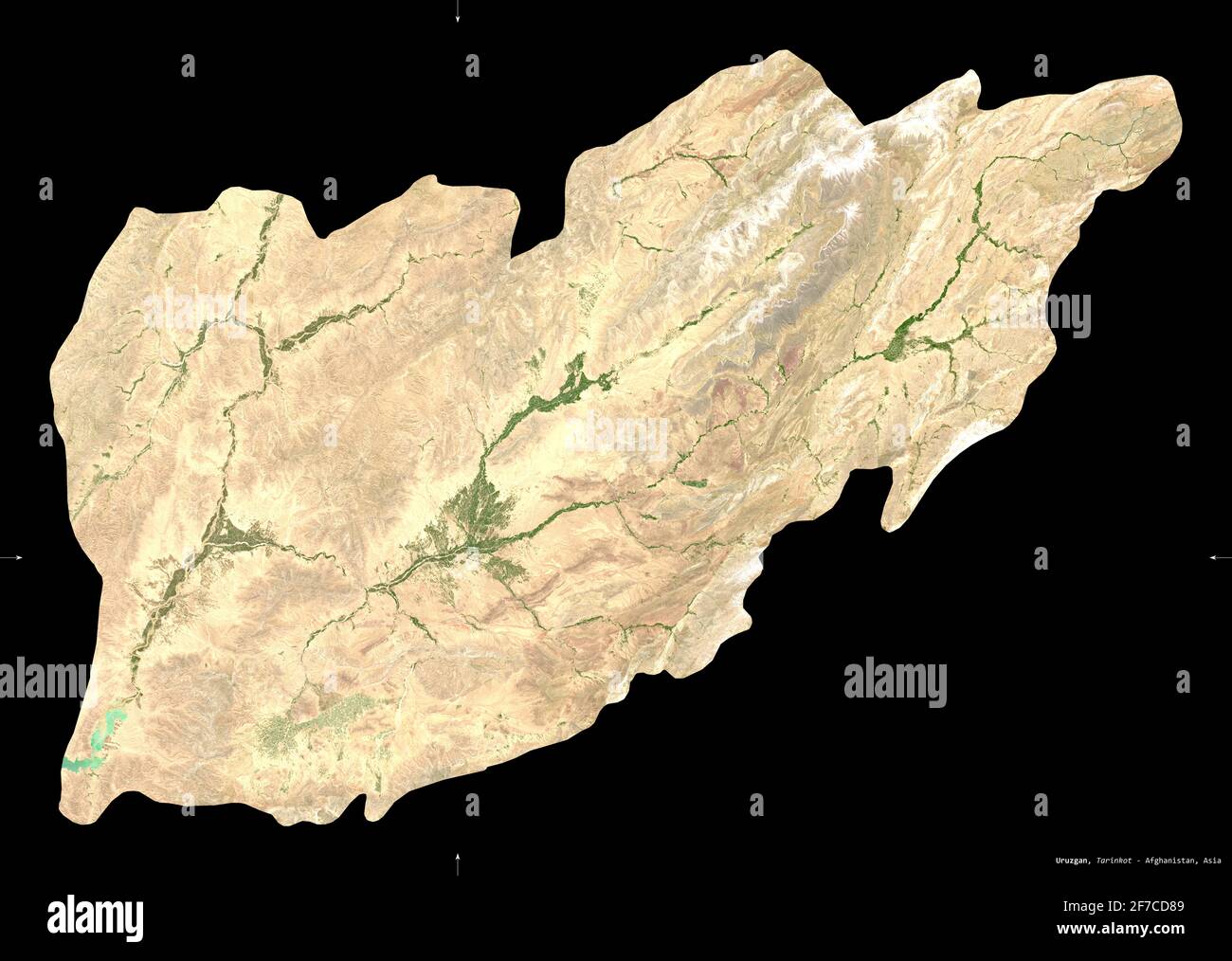 Uruzgan, provincia dell'Afghanistan. Immagini satellitari Sentinel-2. Forma isolata su nero. Descrizione, ubicazione della capitale. Contiene la copiatrice modificata Foto Stock