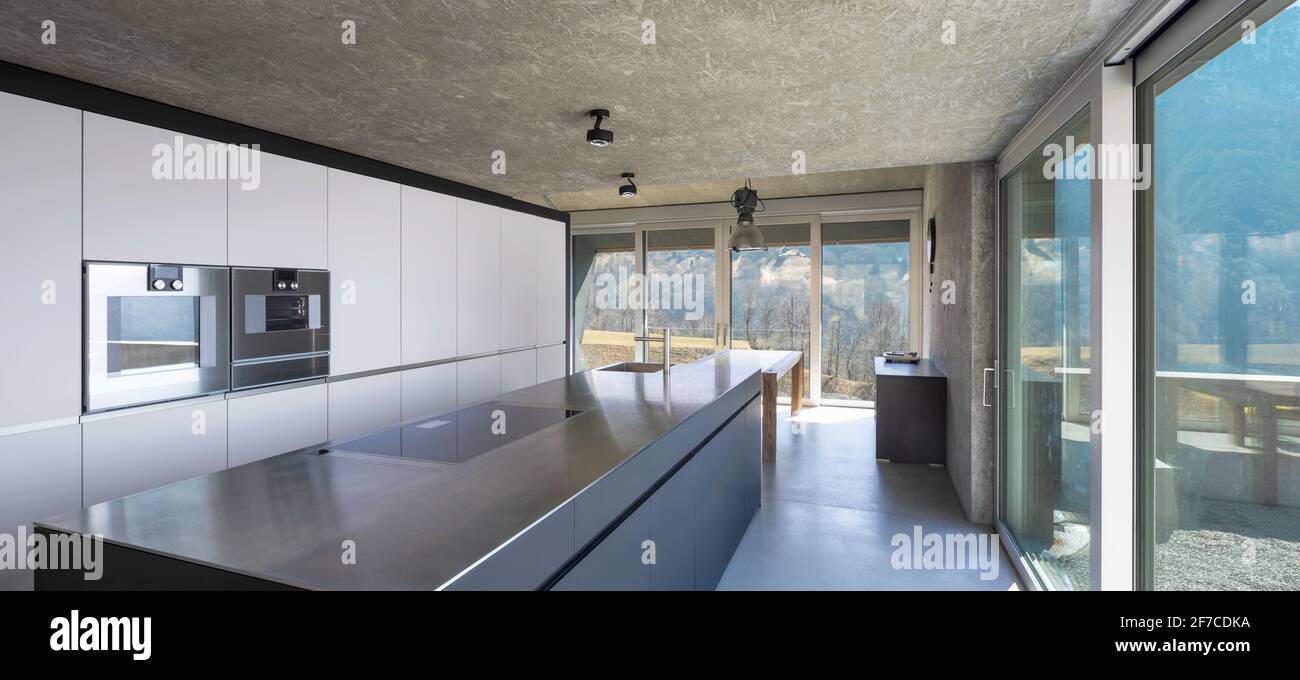 Moderna cucina bianca con grande isola, piano cottura a induzione, due forni,  lavello e piano in acciaio inox. Grandi finestre che si affacciano sulla  natura della Svizzera. N Foto stock - Alamy