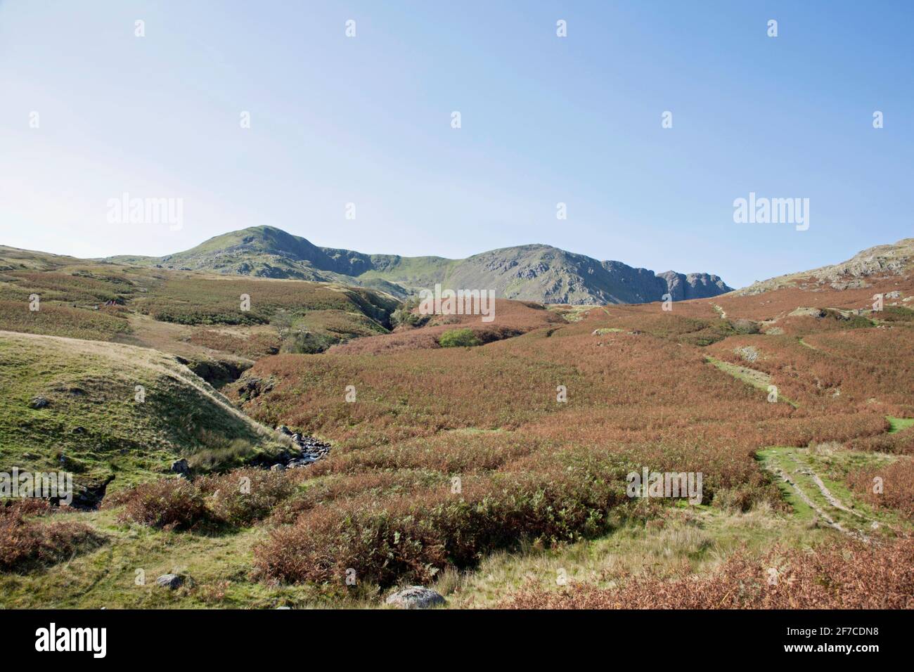 Dow Crag e il vecchio uomo di Coniston visto da Le rive del Torver Beck Coniston il Lake District Cumbria Inghilterra Foto Stock