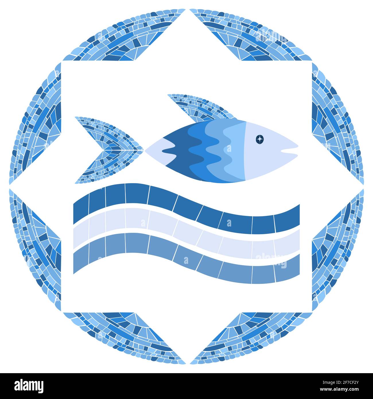 Mosaico Fish in cerchio cornice. Illustrazione vettoriale per il disegno della piscina o del bagno. Immagine per emblema. Isolato su sfondo bianco Illustrazione Vettoriale