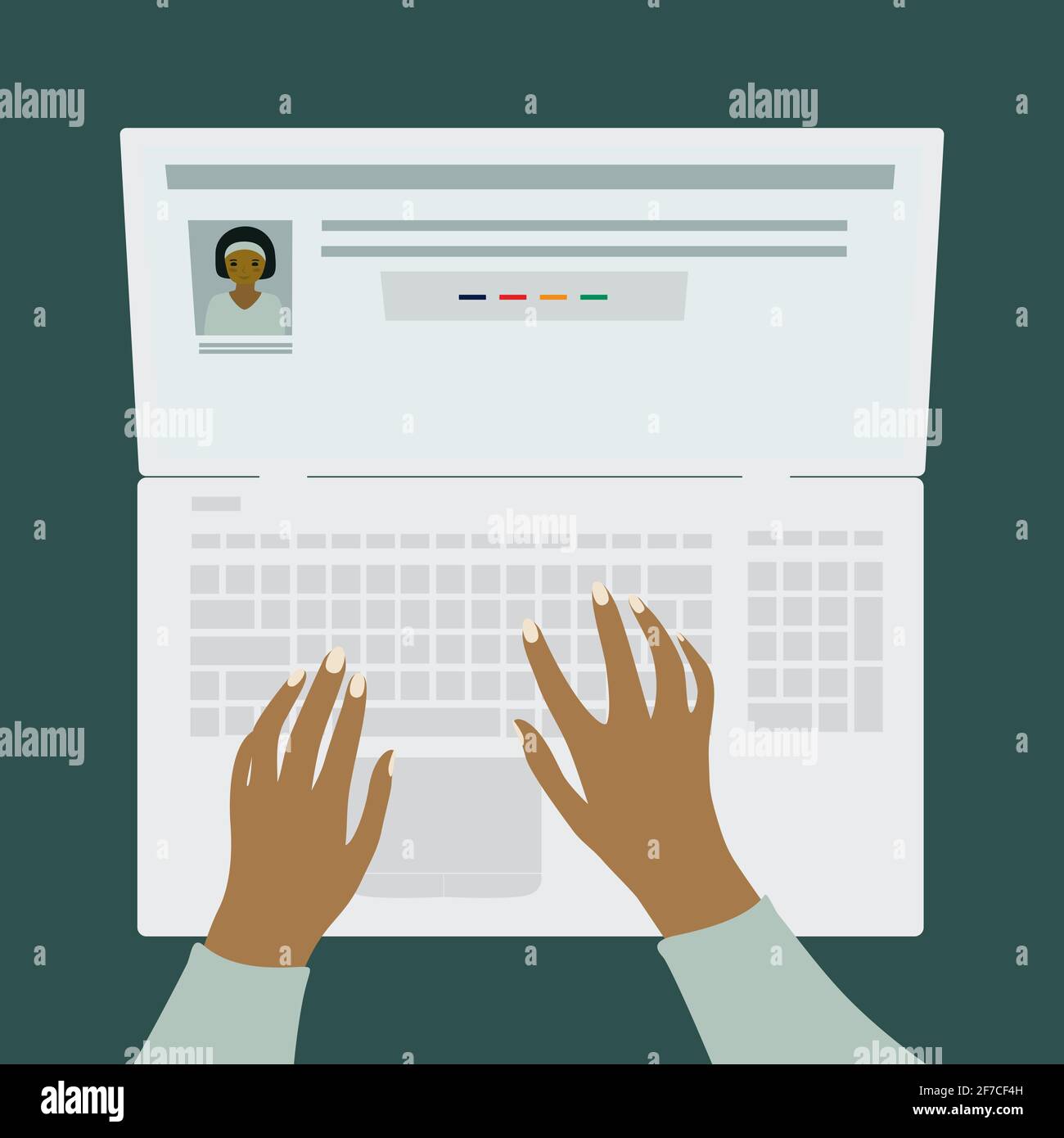 Human si sta registrando sul sito Web. Uomo e donna in cerca di lavoro freelance. Mani umane sulla tastiera di un computer portatile. Vista dall'alto. Illustratore vettore isolato Illustrazione Vettoriale