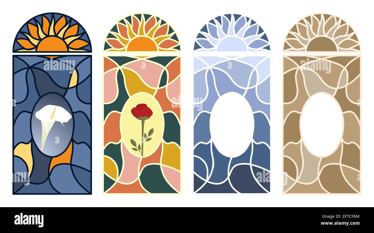Finestra in vetro colorato. Set di motivi a mosaico multicolore. Illustrazione vettoriale isolata su sfondo bianco Illustrazione Vettoriale