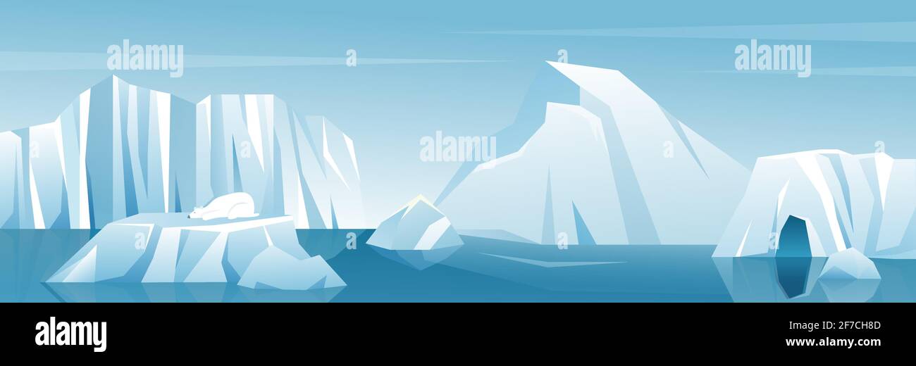 Antartico ampio panorama illustrazione, natura inverno artico iceberg e neve montagne colline Illustrazione Vettoriale