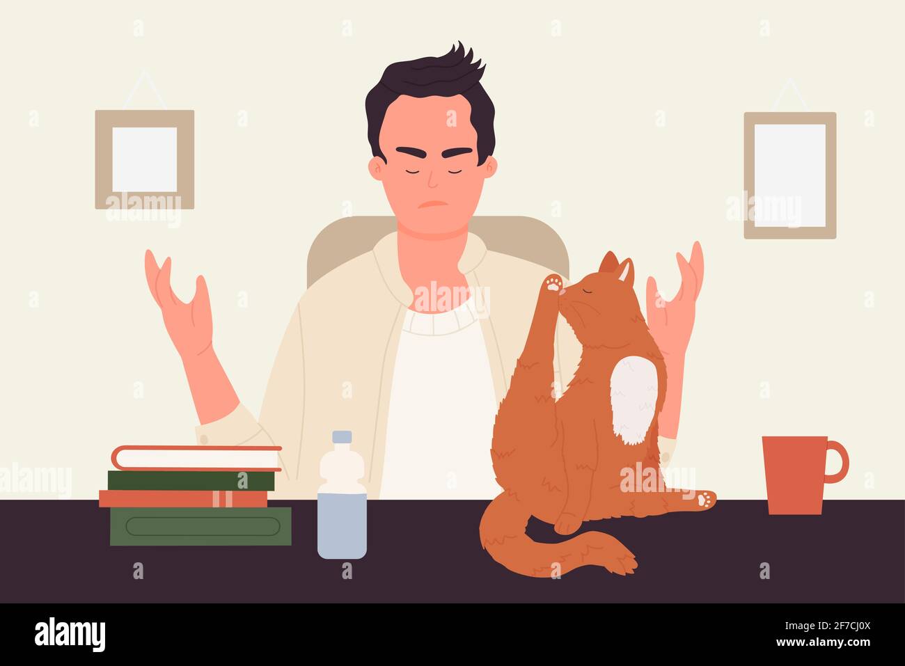 Proprietario di animali domestici persone e propri animali, lavaggio gatto leccare, giovane uomo scolding gattino divertente Illustrazione Vettoriale