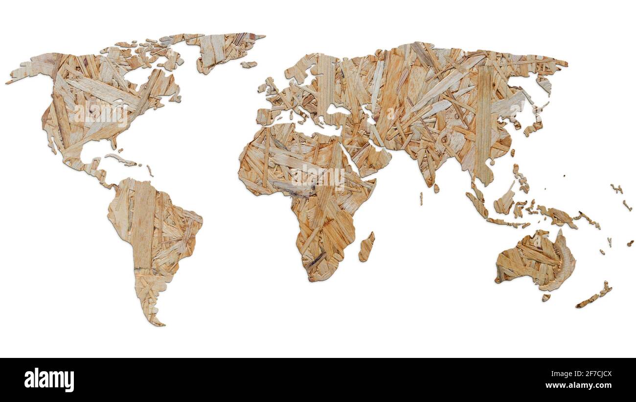 Mappa del mondo fatta di truciolato, isolato su sfondo bianco. Mappa del mondo tagliato in uno stile flakeboard. risoluzione 4k. Foto Stock
