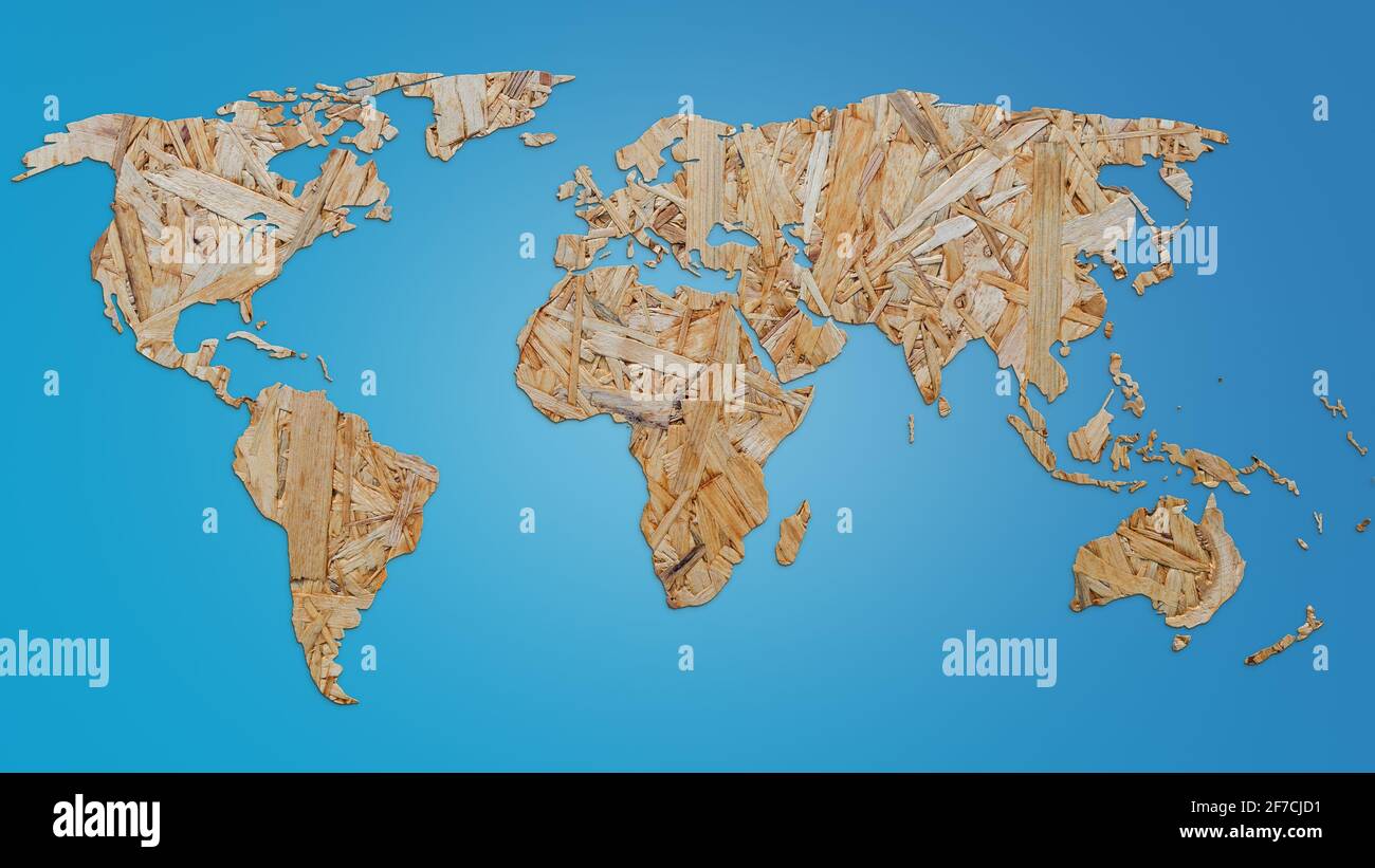 Mappa del mondo fatta di truciolato su sfondo blu. Mappa del mondo tagliato in uno stile flakeboard. risoluzione 4k. Foto Stock