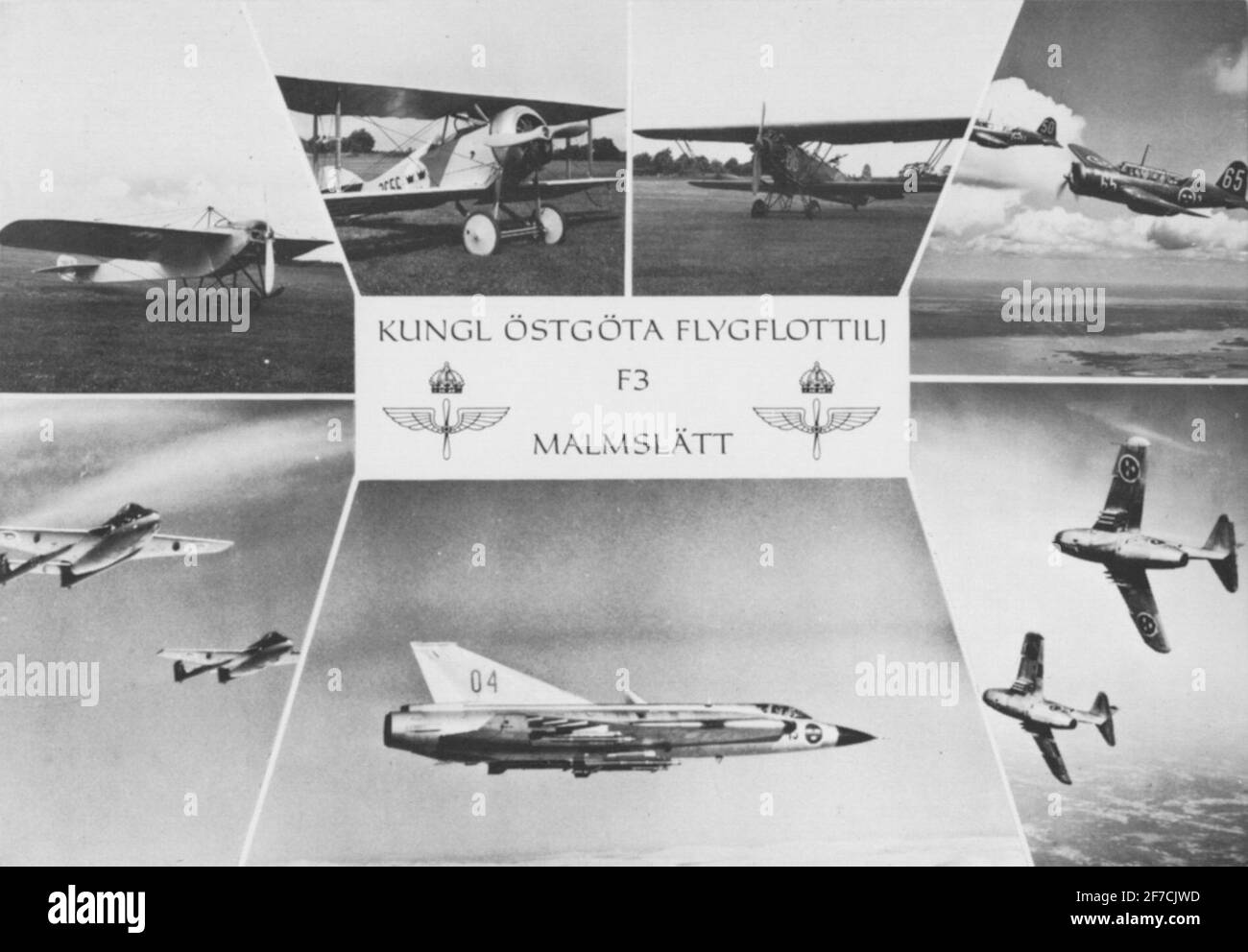 Cartolina di F 3 Östgöta Flight Fleet Motifs: Cartoline di F 3 Östgöta Flight Fleet, marcate 'Kungl Östgöta Fly Fleet F 3 Malmslätt'. Collage con aerei militari da incasso. Velivolo Nieuport IV-G M 1, l'isola thumbsite 1, S 6 Fokker C.V., Saab B 17, J 28 Vampire, Saab J 35, Saab J 29. Dall'archivio immagini del Museo dell'aeronautica. Foto Stock