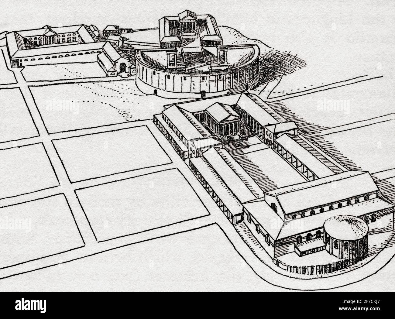 Augusta Raurica Forum, Svizzera con il teatro e il tempio di Giove dietro, da un modello di W. Eichenberger. Dopo un'illustrazione di Edgar Holloway. Foto Stock