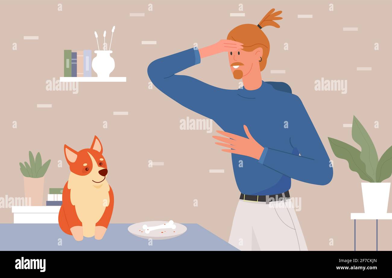 Cattivo comportamento problema di cane animale domestico, giovane uomo sconvolto, cane rubare pasto proprietario Illustrazione Vettoriale