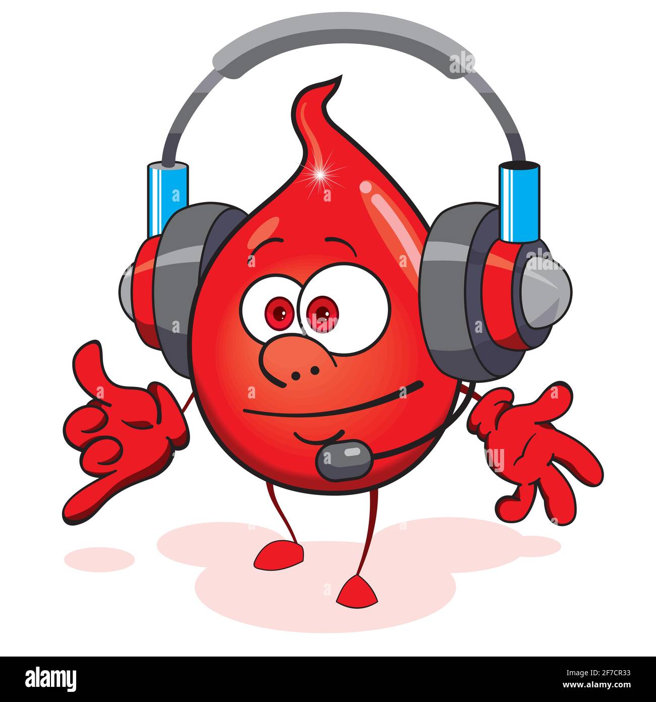 Goccia di sangue. Personaggio mascotte cartoon. Carino carattere una goccia di sangue. Carattere del giorno del donatore di sangue. Red Drop è presente. Operatore del call center. Illustrazione Vettoriale