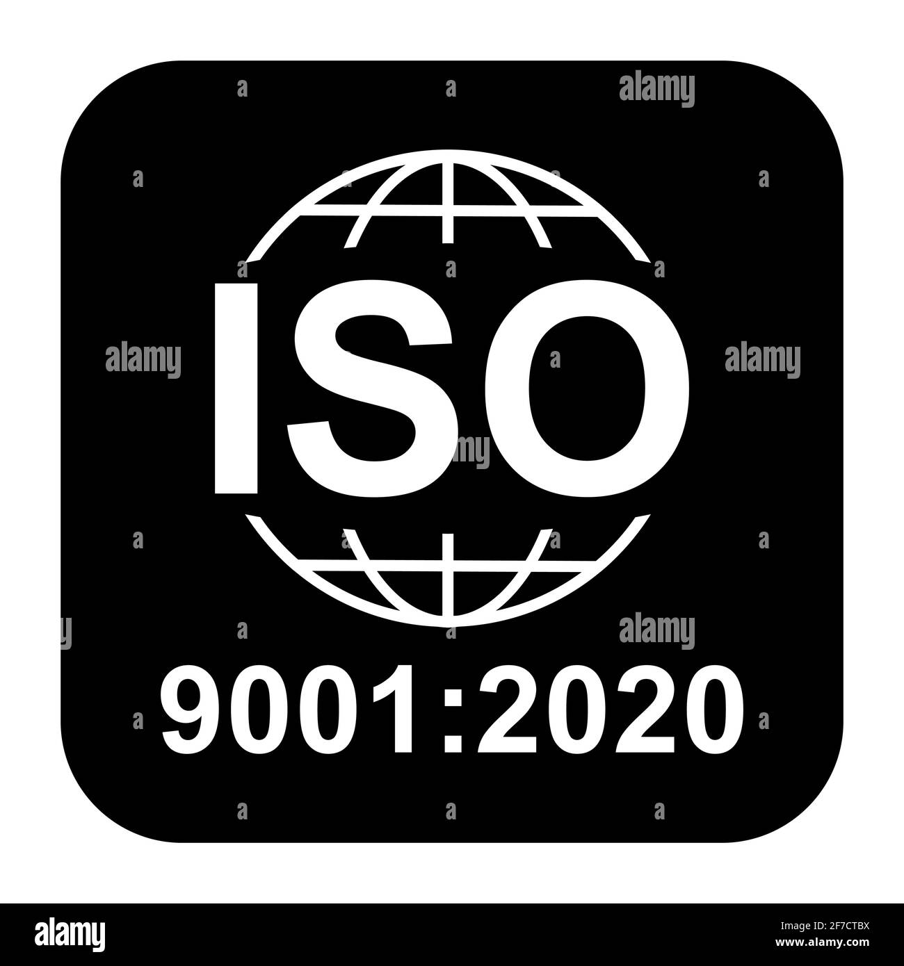 Icona ISO 9001:2020. Simbolo di qualità standard. Pulsante vettore isolato su sfondo nero . Illustrazione Vettoriale