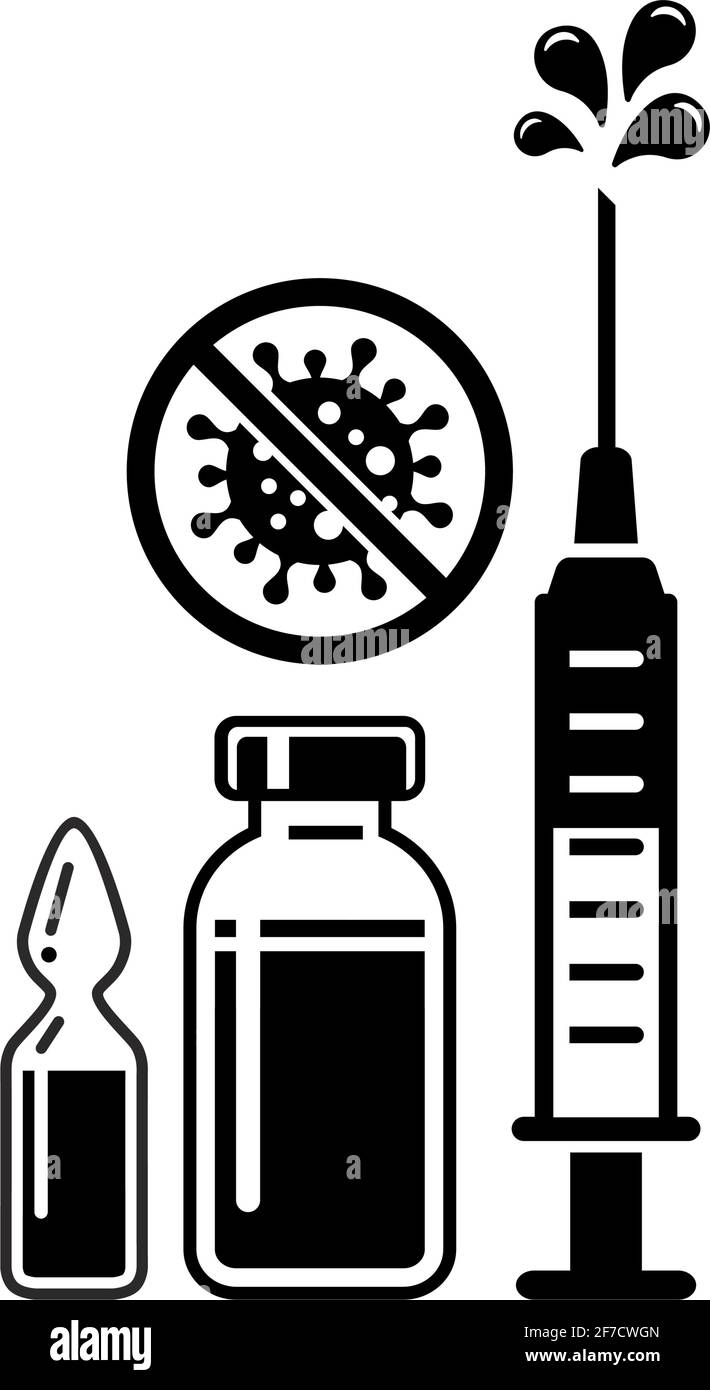COVID-19 concetto di vaccinazione globale. Siringa medica con ago, flacone e flacone con il farmaco, segnale di avvertimento Stop coronavirus. Vettore su trasparente Illustrazione Vettoriale