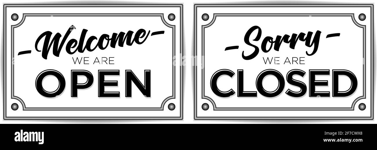 Eleganti piastre per porte con aggancio aperte e chiuse. Set di segni vettoriali in stile retrospettiva Illustrazione Vettoriale