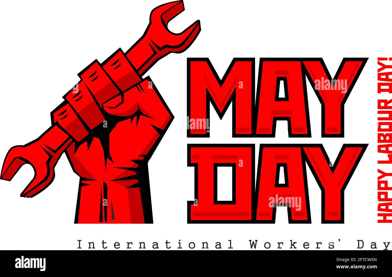 Etichetta vettoriale del giorno di maggio con forte pugno rosso con chiave. Happy Labor Day, poster del giorno dei lavoratori o biglietto d'auguri. Vettore su sfondo trasparente Illustrazione Vettoriale