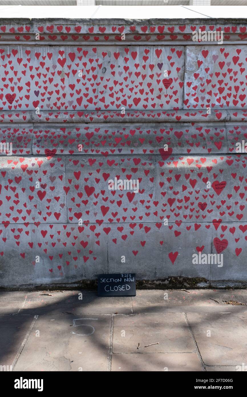 Londra, Regno Unito - Aprile 2021. Il National Covid Memorial Wall. Quasi 150,000 cuori saranno dipinti da volontari, uno per ogni vittima Covid-19 nel Regno Unito Foto Stock