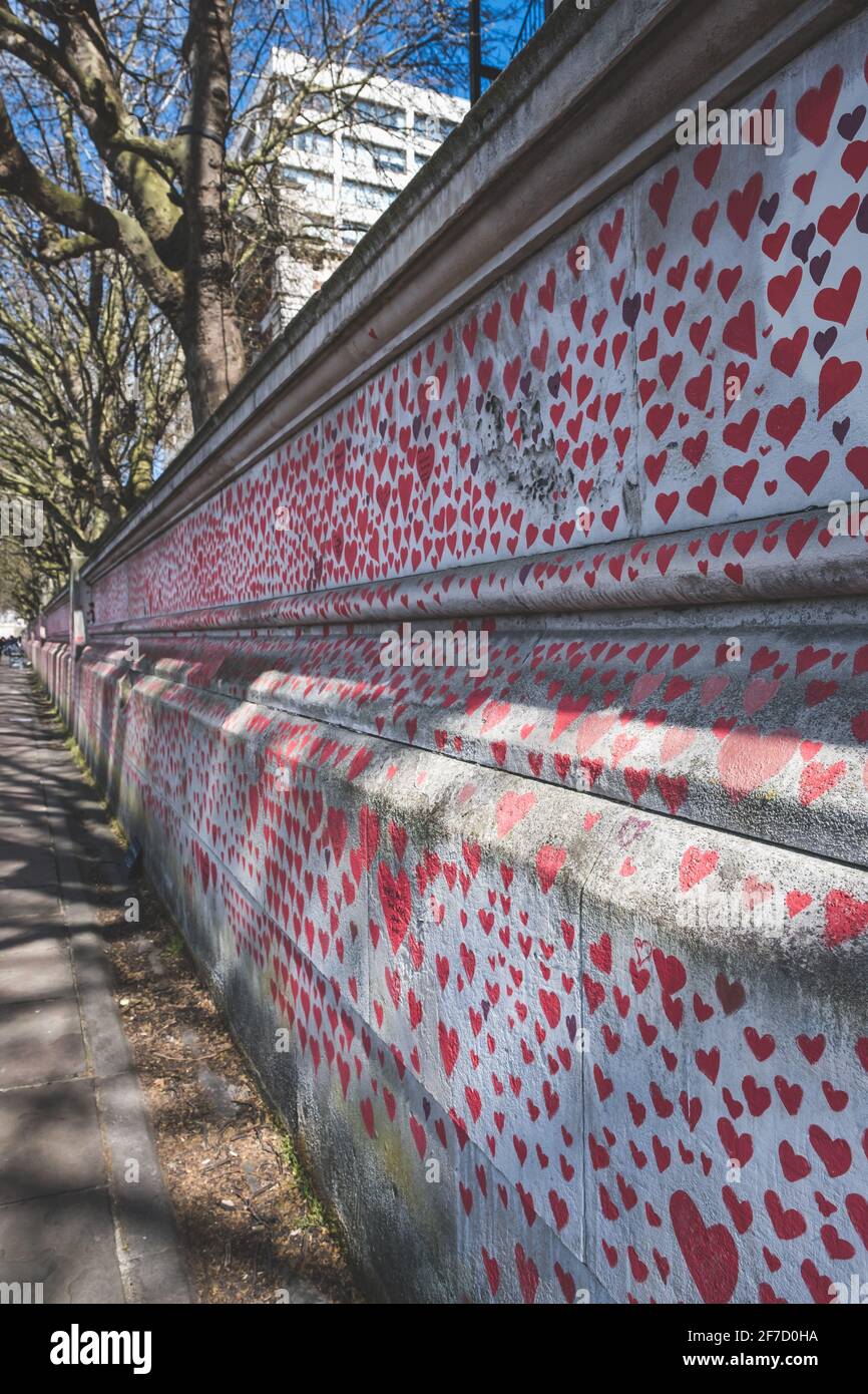 Londra, Regno Unito - Aprile 2021. Il National Covid Memorial Wall. Quasi 150,000 cuori saranno dipinti da volontari, uno per ogni vittima Covid-19 nel Regno Unito Foto Stock