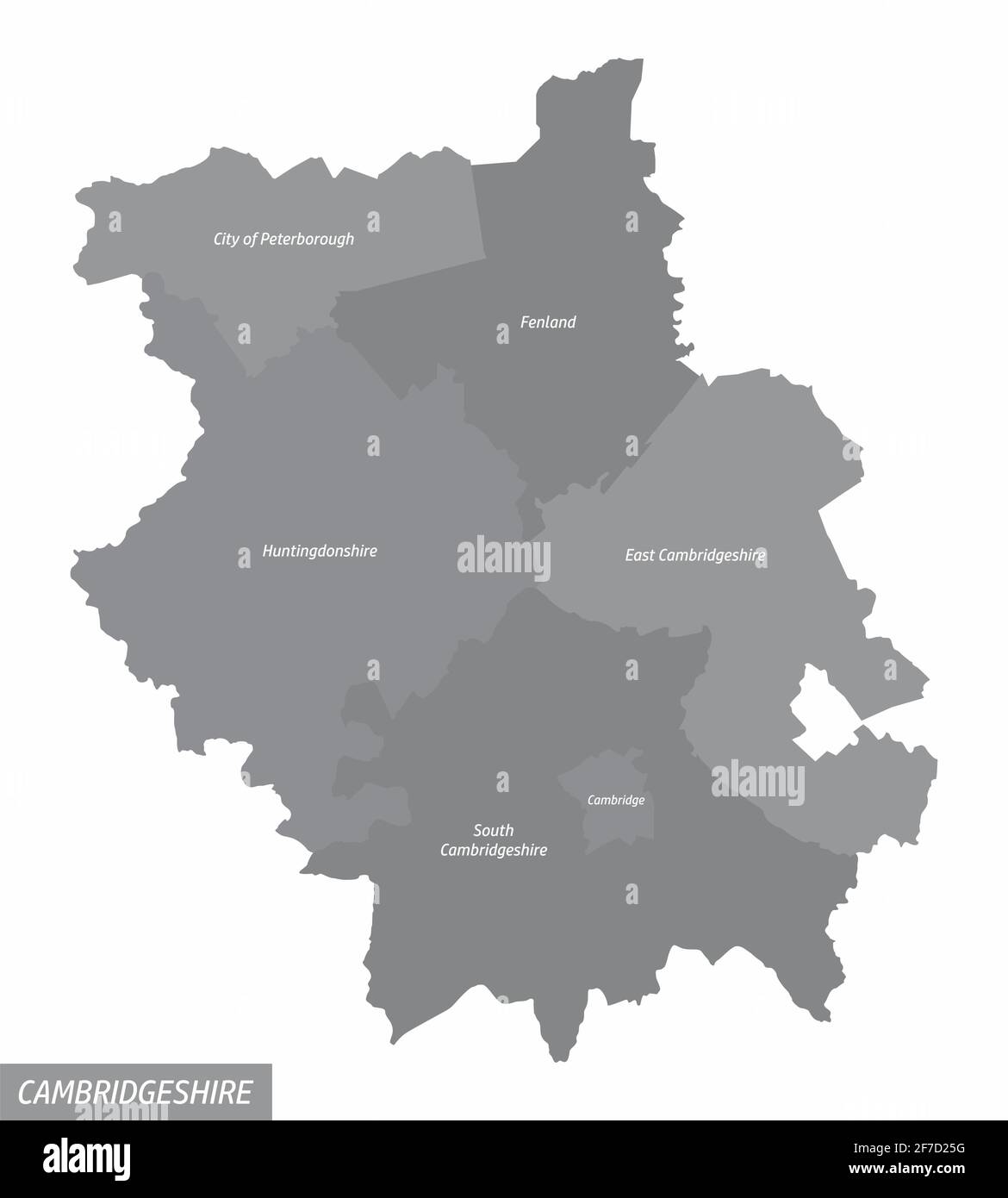 La regione Cambridgeshire mappa isolata divisa in distretti con etichette, Inghilterra Illustrazione Vettoriale