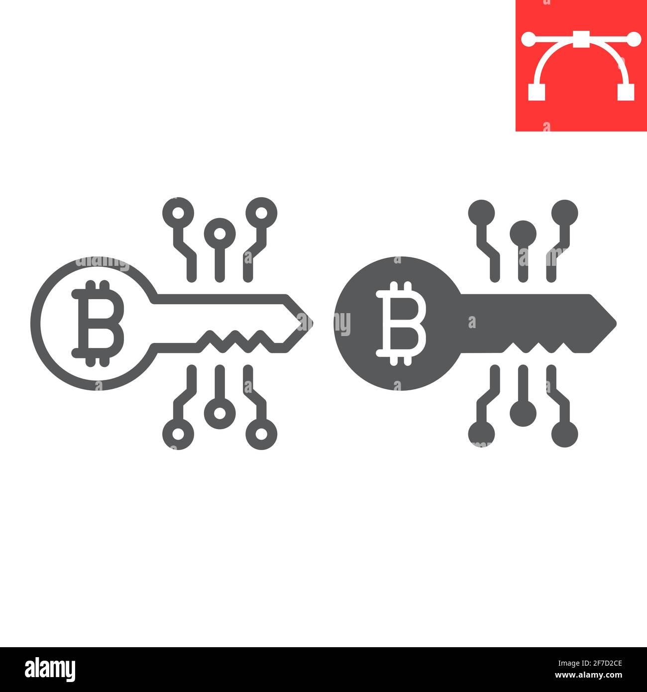 Riga chiave Bitcoin e icona glifo, sicurezza e protezione, icona chiave digitale, grafica vettoriale, segno tratto modificabile, eps 10. Illustrazione Vettoriale