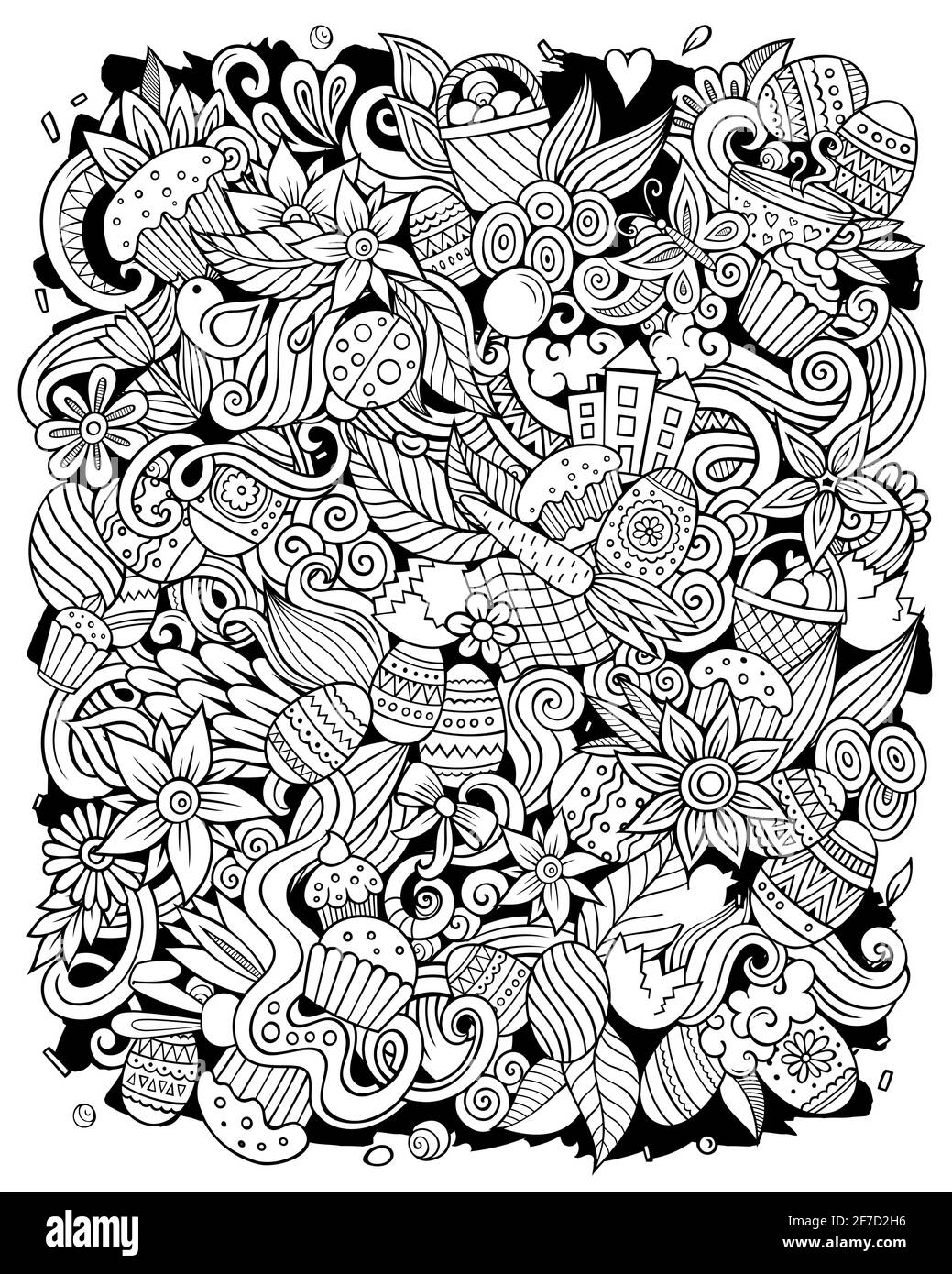 Felice Pasqua vettore doodles illustrazione. Elementi vacanza e oggetti sfondo cartoon. Immagine divertente dell'arte di linea. Tutti gli elementi sono separati Illustrazione Vettoriale