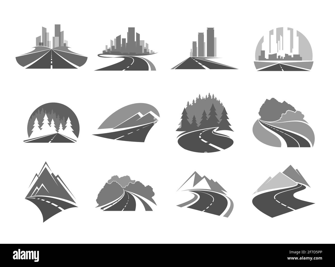 Icone della strada. Città, foresta e montagne Illustrazione Vettoriale