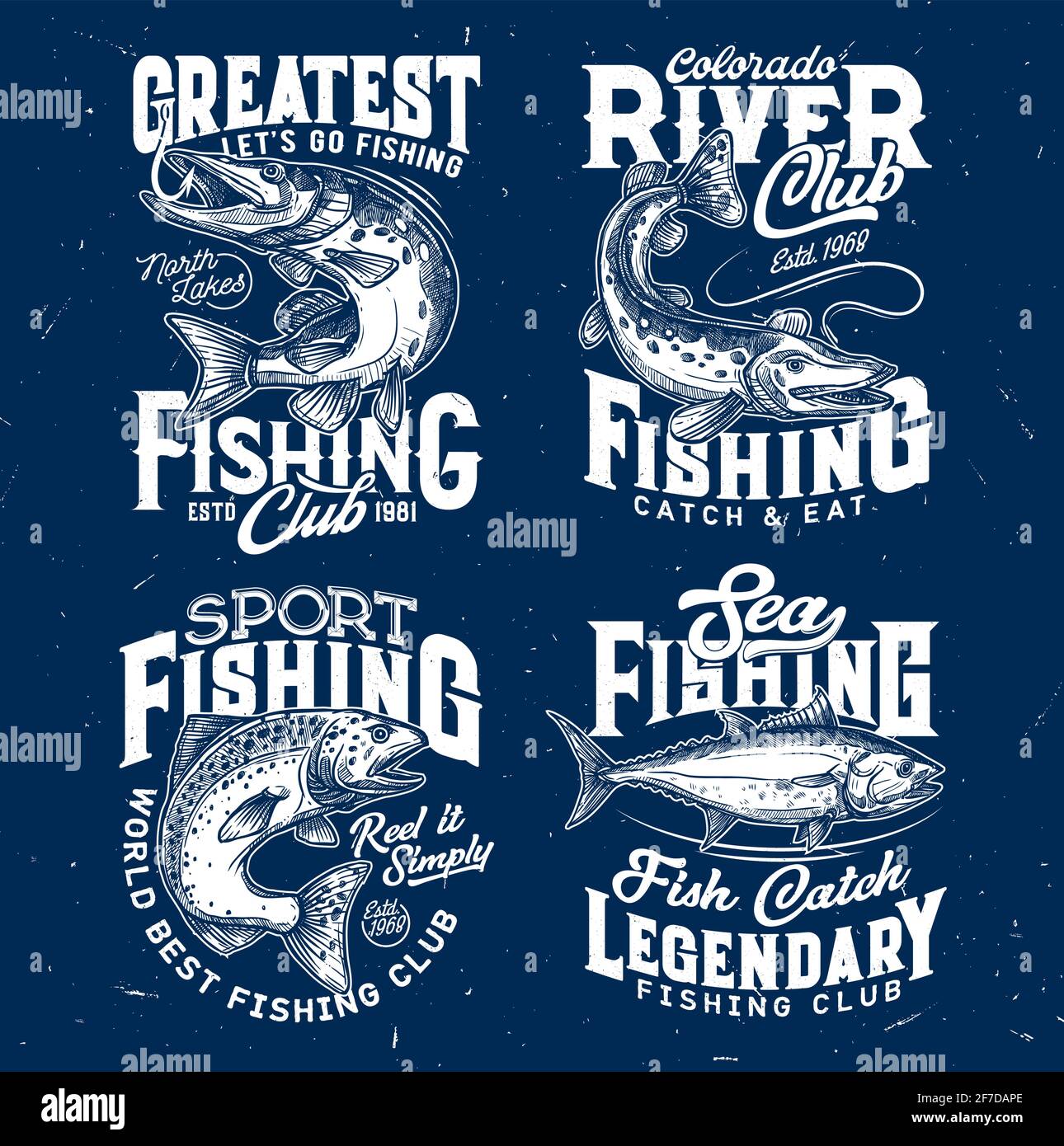 Pesca sport T-shirt stampe di salmone, luke, tonno Illustrazione Vettoriale